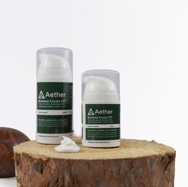 Load image into Gallery viewer, Aether Health&#39;s Biomime Cream 297. A cream for eczema, TSW, psoriasis, dermatitis. 100% natural cream. Shown in 50g and 100g options.
