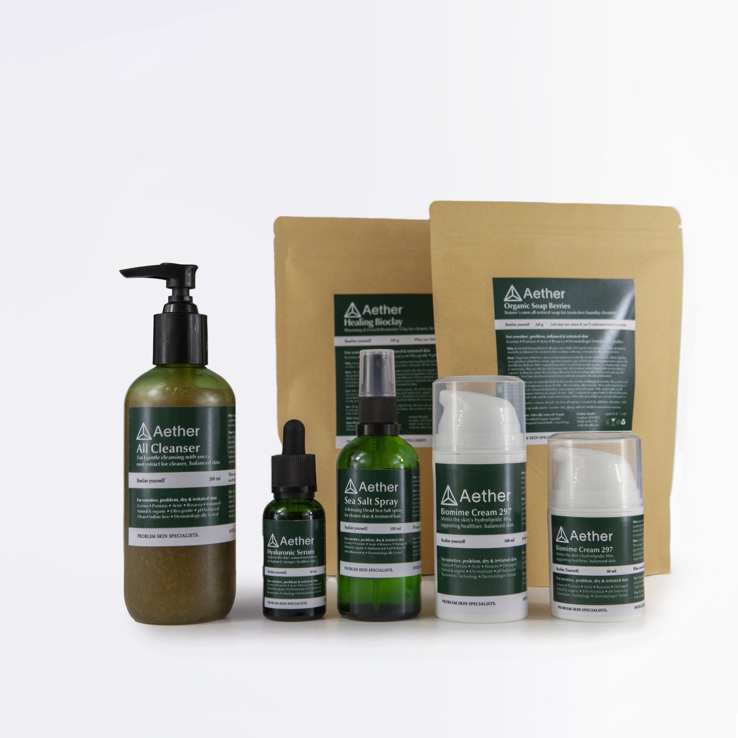 The complete range of Aether Health 100% Natural, Minimal, Green Skincare products.
