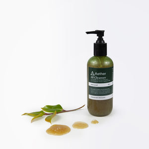 3 in 1  Aether All Cleanser: Shampoo, Cleanser & Body Wash for sensitive & problem skin. A minimal green pump bottle.